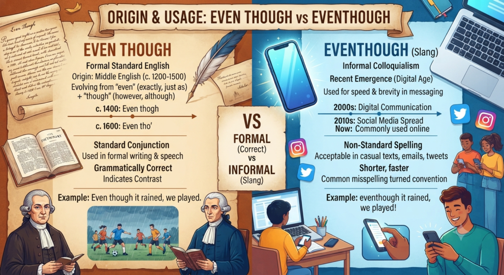 Origin of Eventhough vs Even Though Slang