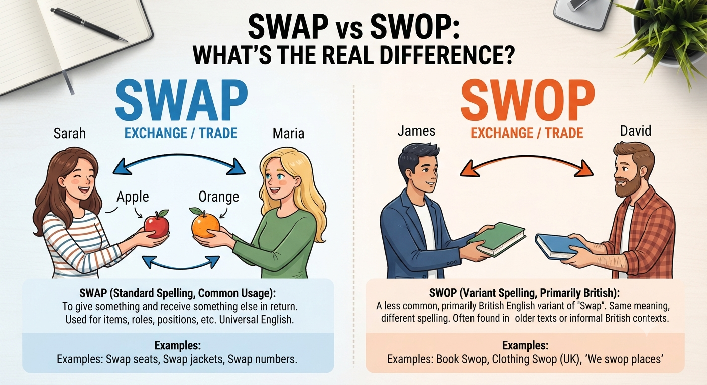 Comparison of swap vs swop showing the spelling differences, meanings, and correct usage in modern English.